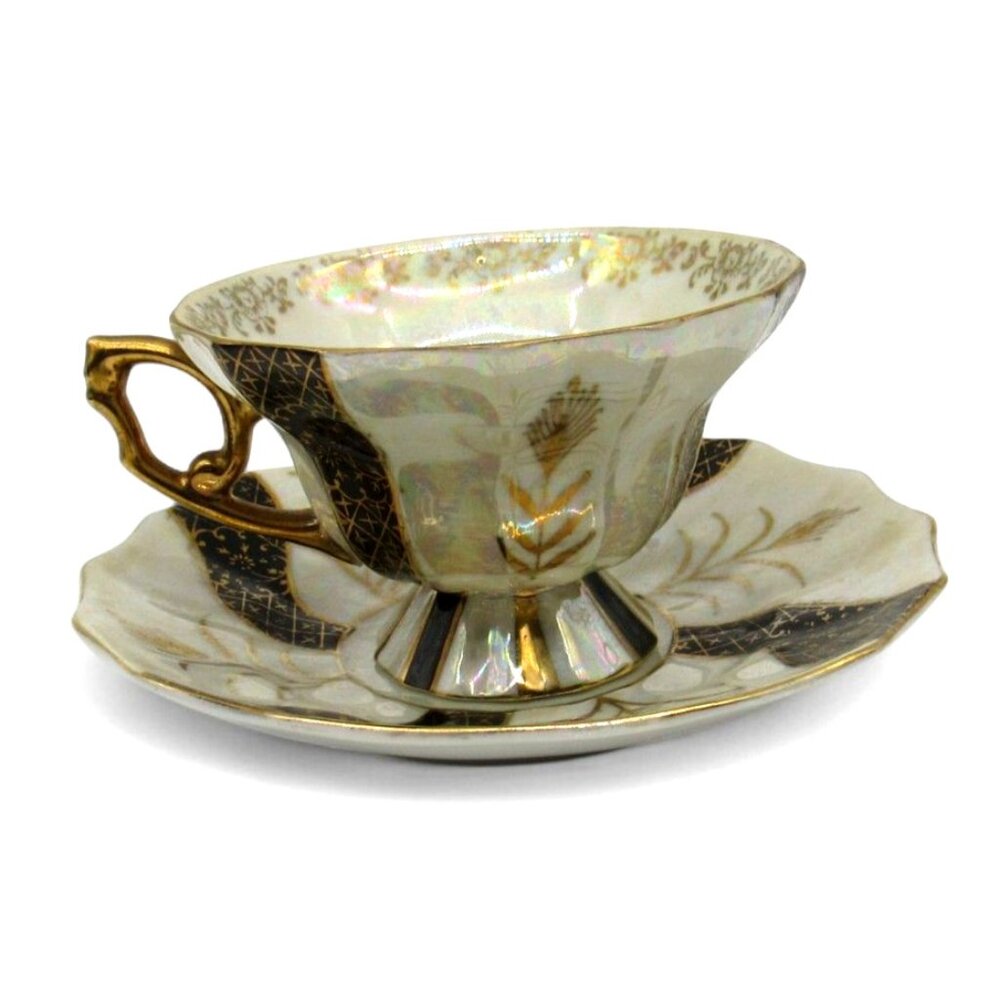 LUSTERWARE Tea CUP And Saucer With Gold Handle Black Floral Accents Japan Vintag